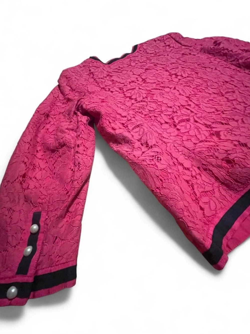 RSVP by Talbots Pink Floral Lace Blazer with Black Trim and Pearl Buttons